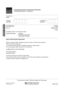 Cambridge Checkpoint Math Exam Paper 2 - Oct 2019